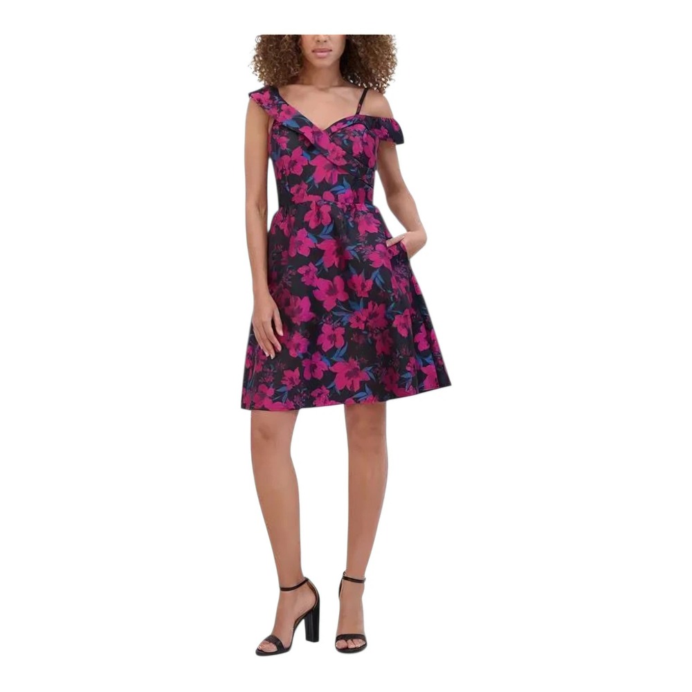 Kensie Women's‎ Black Floral Jacquard One Shoulder A Line Dress Size 10